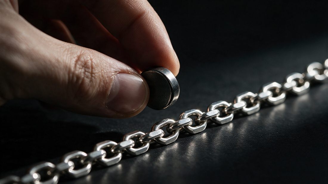 Ímã encostado numa corrente de prata para testar se atrai o metal